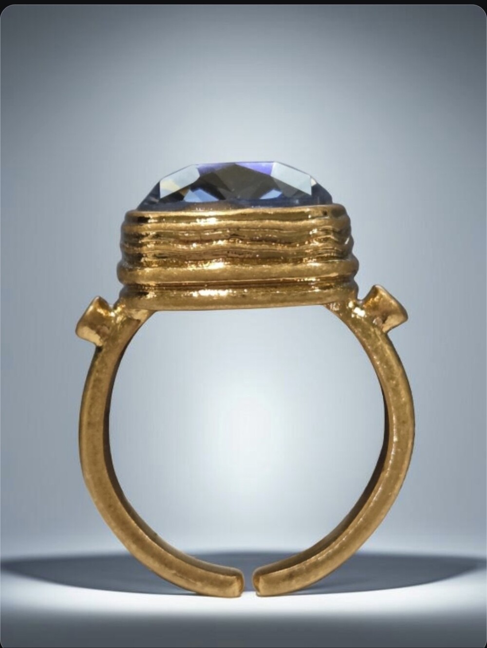 18k Gold Plated Luxury Byzantine Revival Icey Blue Aquamarine Bevel Crystal Ring - Picture 5 of 6